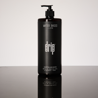Black bottle labeled 'drip anal lube - water based' on a reflective surface with a light gray background
