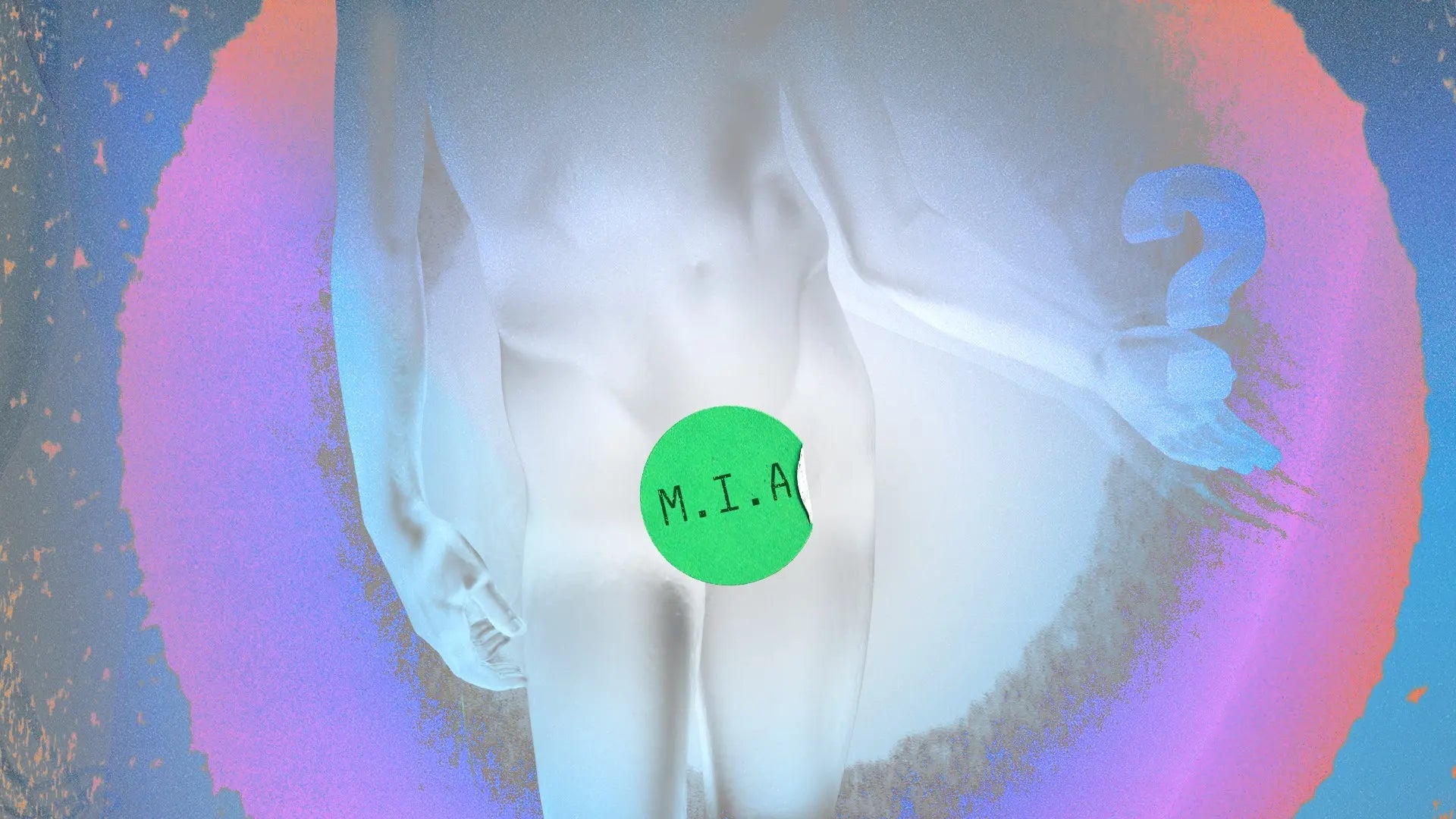 An image of a statue with a MIA (missing in action) sticker on his private part to highlight  the content of the article -  small cocks makes many people feel miserable about their bodies and the theme of the drip website - everybody drips differently.